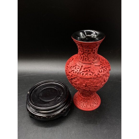Red Cinnabar Carved Floral Decor 5 3/4' Vase on Wood Base - Picture 2 of 11